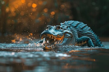 Ein Krokodil im Wasser mit offenem Maul  - obrazy, fototapety, plakaty