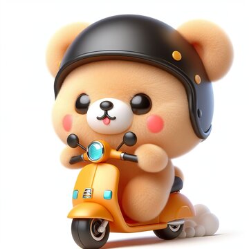 cute teddy bear  wearing helmet hat riding scooter, kawaii, happy