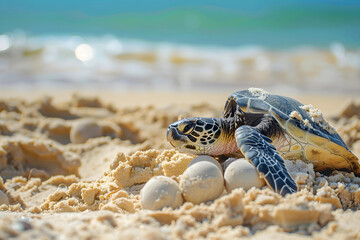 Turtle laying eggs on the beautiful beach. - 783161952