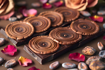 Gluten-free chocolate with mushrooms on dark background. Close-up