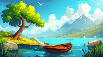 Gordijnen The landscape of a mountain lake with dock and boat cartoon modern background. There are trees and water on the shore. The landscape of an outdoor area with a river for location on the coast is calm © Mark