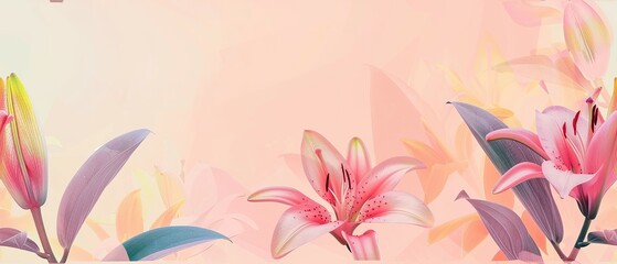 Fototapeta na wymiar Beautiful blooming lily flower minimalist fantasy background, A bouquet of lilies in a vase in daylight, fresh light pink yellow white color lily flower poster nature background,