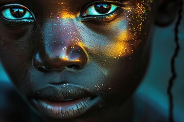 Closeup portrait of African woman with intricate gold face paint, showing traditional cultural beauty and artistry