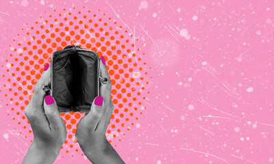 Art collage showing empty wallet, on pink background with copy space.
