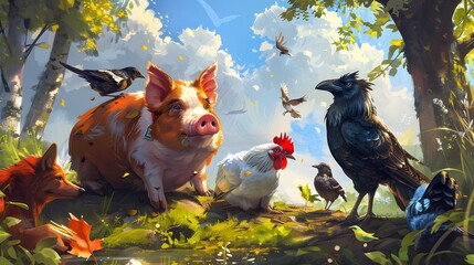 Cute illustrations of animals, dogs, crows, and chickens playing together in the field. - obrazy, fototapety, plakaty