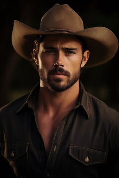 Handsome male cowboy with beard and hat looking at camera