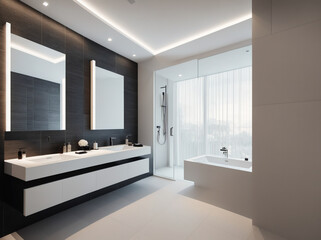 Fototapeta na wymiar An image of a bathroom with a large mirror, a sink, and a bathtub.