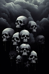 A bunch of skulls floating in the dark sky