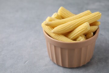 Tasty fresh yellow baby corns in bowl on grey table, closeup. Space for text