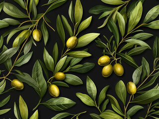 Obraz premium The pattern and illustration of the olive fruits and the leaves of the surrounding branches form an interesting and full pattern. Flat lay style.