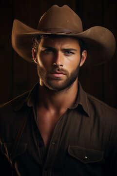 Handsome male cowboy with beard and hat looking at camera