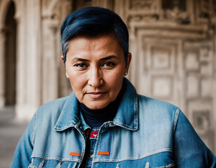 A woman wearing a denim jacket and standing in front of a brick wall.