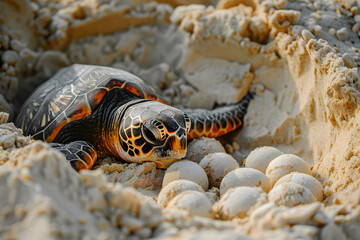 Turtle laying eggs on the beautiful beach. - 783163591