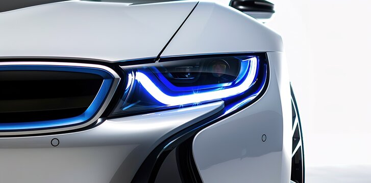 Futuristic elegance: Close-up view of the modern electric car's sleek design, highlighting the intricate blue LED headlights and sleek white body