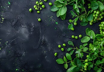 A vibrant display of fresh green peas artistically scattered across a dark textured surface - obrazy, fototapety, plakaty