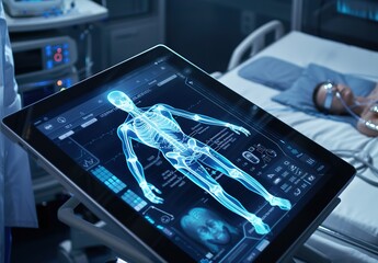 Integrating advanced technologies into healthcare: detailed 3D visualization of human anatomy on a tablet in a modern hospital setting - obrazy, fototapety, plakaty