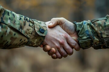 Handshake between two soldiers from different sides, clear background, symbol of peace talks in conflicts - obrazy, fototapety, plakaty
