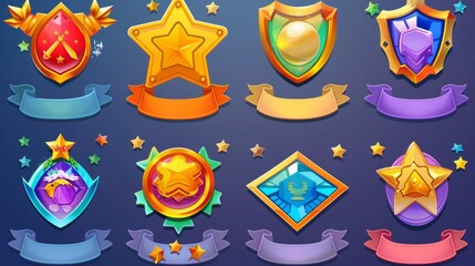 A set of game rank badges isolated on a white background. A modern cartoon illustration of insignia emblems of different levels decorated with stars, ribbons, gold, silver, and bronze medals.