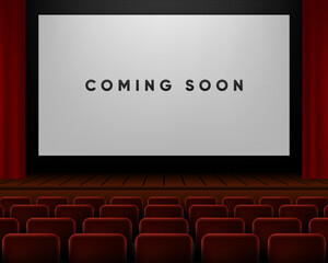 Cinema or theater hall with the inscription coming soon on the screen. Session announcement or advertising display. Vector illustration.