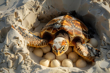Turtle laying eggs on the beautiful beach. - 783163987