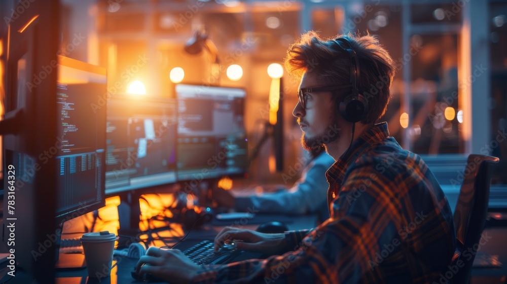 Poster A man is seated at a desk, focusing on a computer screen in front of him. He appears engaged in work or other activities on the computer.