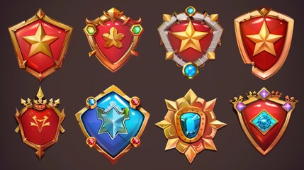 UI design for game level rank progress badge with star, golden frame and gemstones. Cartoon set of evolution stages of medals.