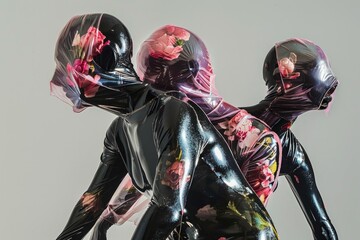 Three individuals wearing black and pink body suits adorned with floral headpieces, one featuring a...