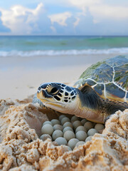 Turtle laying eggs on the beautiful beach. - 783164557