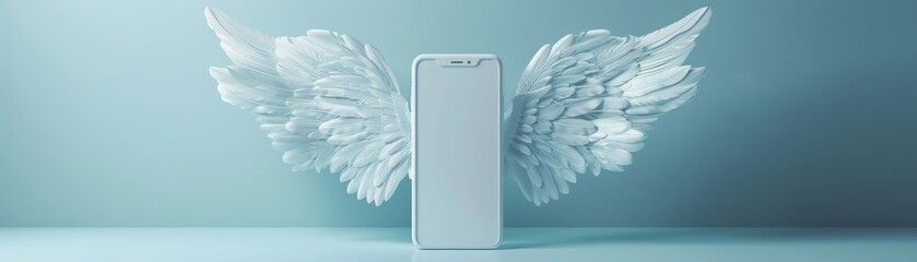 Fototapeta premium Smartphone with angel wings, minimalist background, the elevation of communication tech