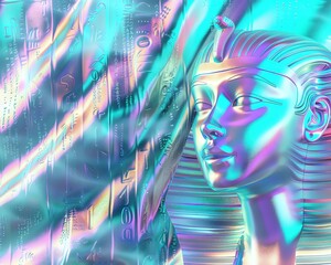 The sphinx posed a riddle online, its cloak a patchwork of ancient scripts and modern code, enigmatic, closeup