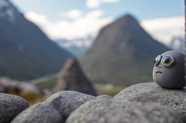 Gray smooth smiling Pet rock with googly eyes stuck to it on mountains background. The concept of hobbies, caring for pets, fighting loneliness and stress, traveling together. AI generated