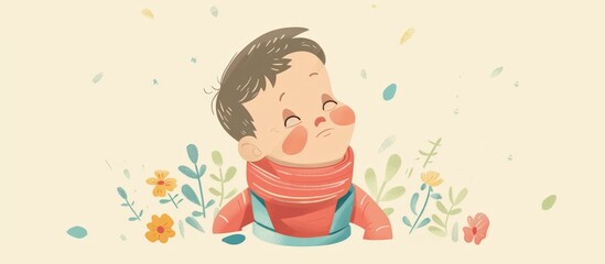 Obraz premium Young male cartoon character wearing a scarf on his head and wrapped around his neck