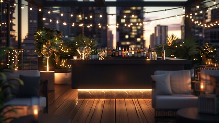 A chic rooftop terrace transformed into a stylish birthday soiree, with chic lounge furniture...
