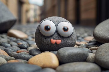 Gray smooth smiling Pet rock with googly eyes stuck to it on urban street background. The concept of hobbies, caring for pets, fighting loneliness and stress, traveling together. AI generated