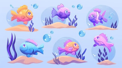 Cartoon fish and seaweed in sand. Illustration set of childish ocean and aquarium underwater creatures and plants. Bright tropical marine life on blue background.