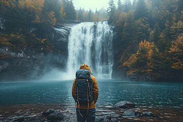 a man stands in front of a waterfall with a backpack on it - Powered by Adobe