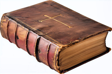 A leather bound bible book with a cross on the cover