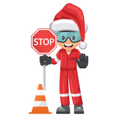 Industrial mechanic worker with Santa Claus hat holding stop sign with safety cone. Engineer with his personal protective equipment. Merry christmas. Industrial safety and occupational health at work