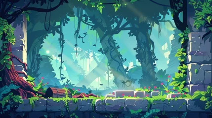 Foto op Canvas This cartoon game UI design collection includes lush green liana vines and creepy creepy branches, a wooden signboard with leaves and flowers, and a dark marshy stone banner with moss. © Mark