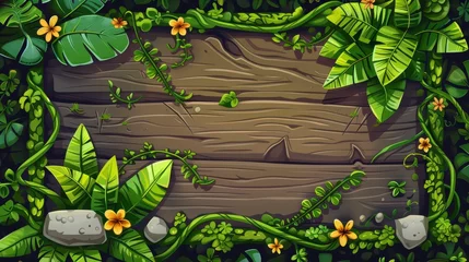 Foto op Canvas This cartoon game UI design collection features lush liana vines and dry creepy branches, wooden signs with flowers and leaves, and a spooky marshy stone banner with moss. © Mark