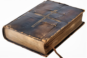 A leather bound bible book with a cross on the cover