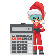 Industrial mechanic worker with Santa Claus hat with giant calculator for financial analysis, accounting and budget calculation. Merry christmas. Industrial safety and occupational health at work