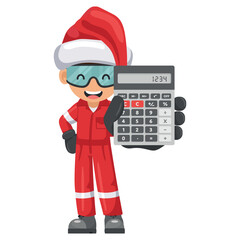 Industrial mechanic worker with Santa Claus hat with calculator in hand for financial analysis, accounting and budget calculation. Merry christmas.Industrial safety and occupational health at work