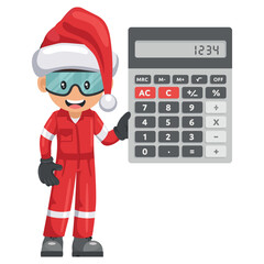 Industrial mechanic worker with Santa Claus hat with a calculator for financial analysis, accounting and budget calculation. Merry christmas. Industrial safety and occupational health at work