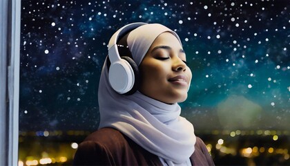 Stellar Serenity: Young Muslim Woman Embracing the Cosmos