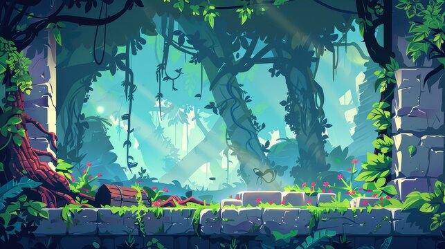 This cartoon game UI design collection includes lush green liana vines and creepy creepy branches, a wooden signboard with leaves and flowers, and a dark marshy stone banner with moss.