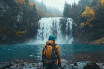 a person with a backpack stands in front of a waterfall