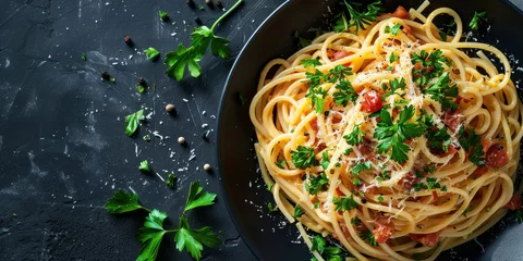 Plexiglas foto achterwand Delicious Spaghetti with Tomato Sauce and Parmesan Cheese on Black Plate, Top View © SHOTPRIME STUDIO