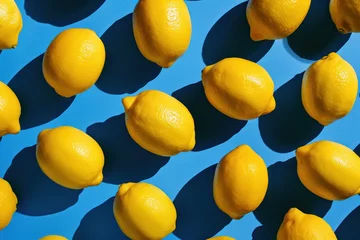 Gordijnen Pattern of Many Lemons Arranged on Blue Background with One Lemon in Center © SHOTPRIME STUDIO