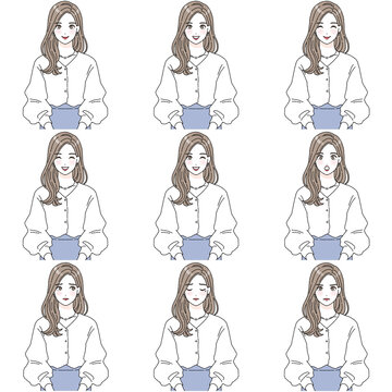 ロングヘアの綺麗な女性のイラストセット